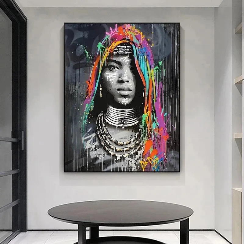 

African Woman Graffiti Portrait Canvas Painting Abstract Posters and Prints Cuadros Wall Art Pictures for Living Room Home Decor