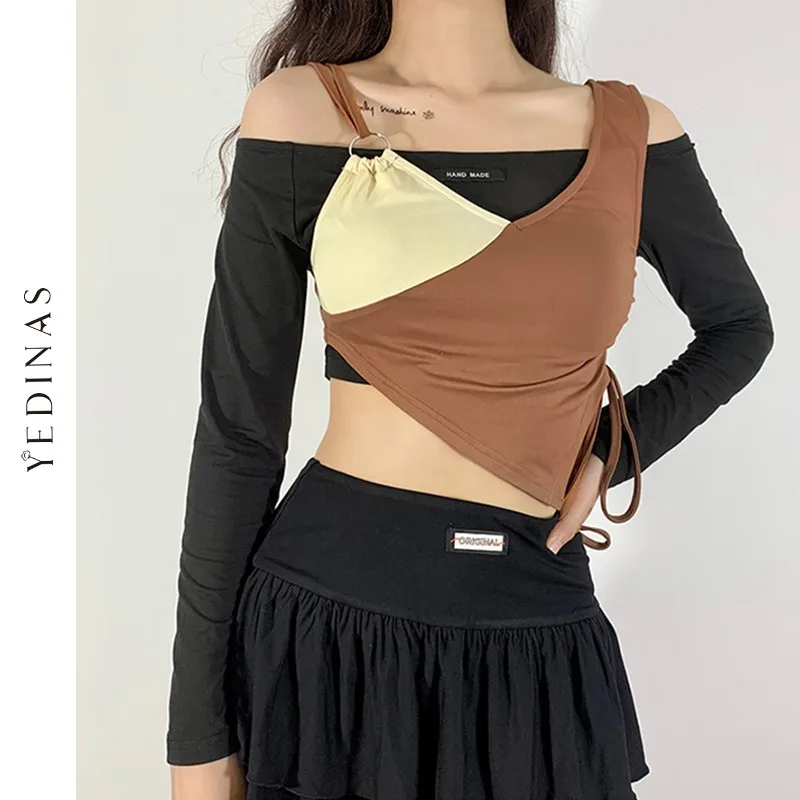 

Yedinas Vintage Women Two Piece Suits Irregual Vest+off Shoulder T-shirt Long Sleeve Crop Tops Y2k Female Tee Tops Spring Summer