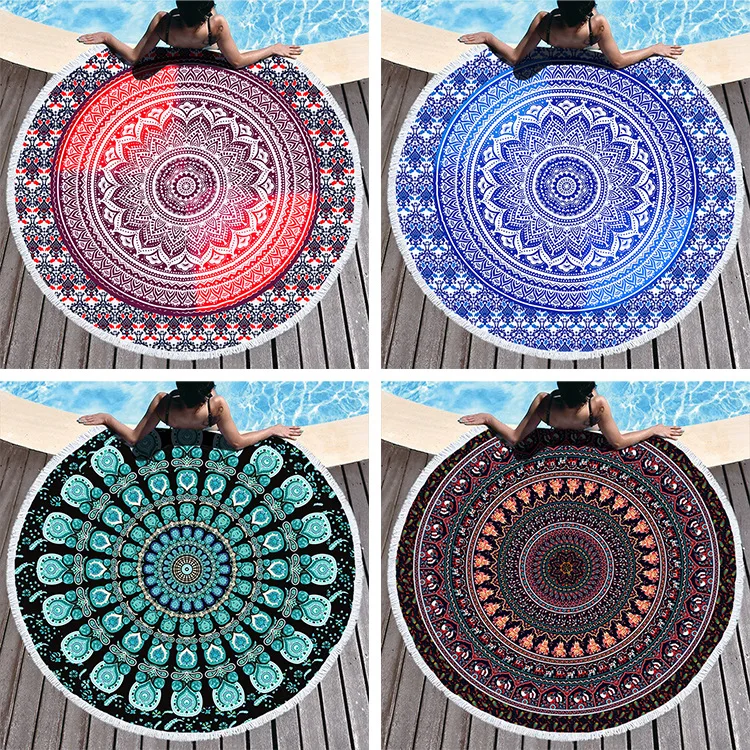 

India Mandala Flowers Round Beach Towel With Tassel Soft Summer Beach Bath Towels For Adults Picnic Yoga Mat Blanket Carpet