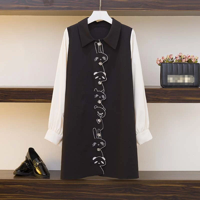 

Женское платье-рубашка с вышивкой животного из мультфильма, модель 2020 года, однобортные Свободные повседневные милые платья с длинным рука...
