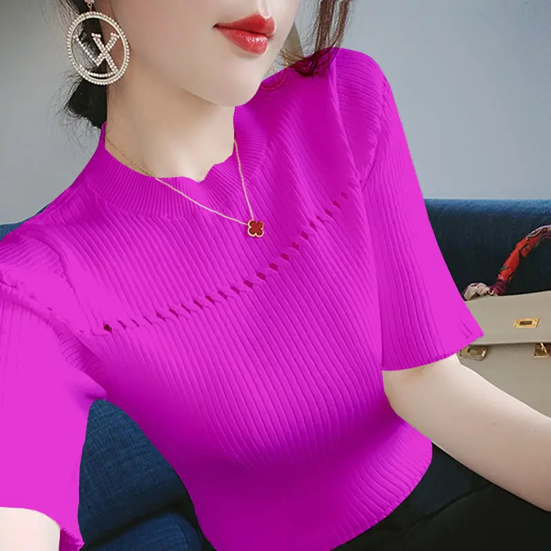 

2021 summer ice silk hollowed out knitted base shirt for women's new slim fit large short sleeve T-shirt Student Korean top