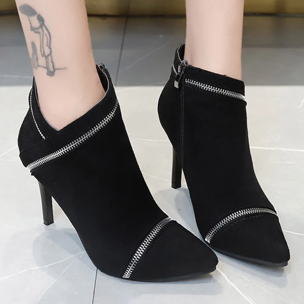 Пикантные женские ботинки на шпильке с острым носком ботильоны из флока