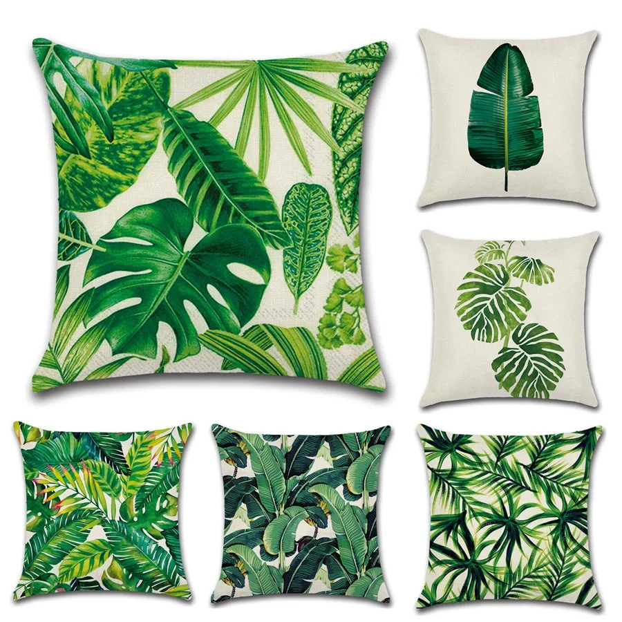 

Green Plant Tropical Pillow Cover Cactus Monstera Palm Leaf Floral Cushion Home Decorative Throw Pillowcase