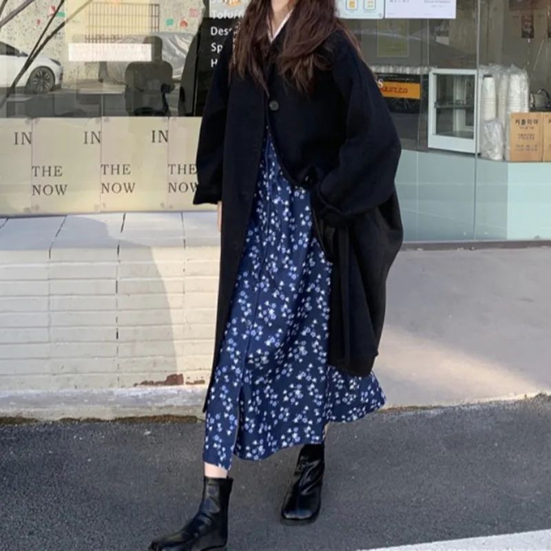 

Small Black Tweed Coat Women's Clothing Autumn Winter 2021 New Loose Knee Length Windbreaker Woolen Coat