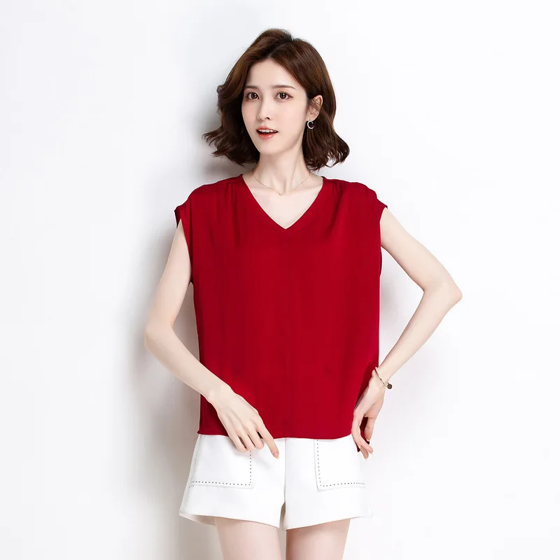 

[New summer products] Jinju summer new V-neck solid color short in front long mulberry silk women's T-shirt