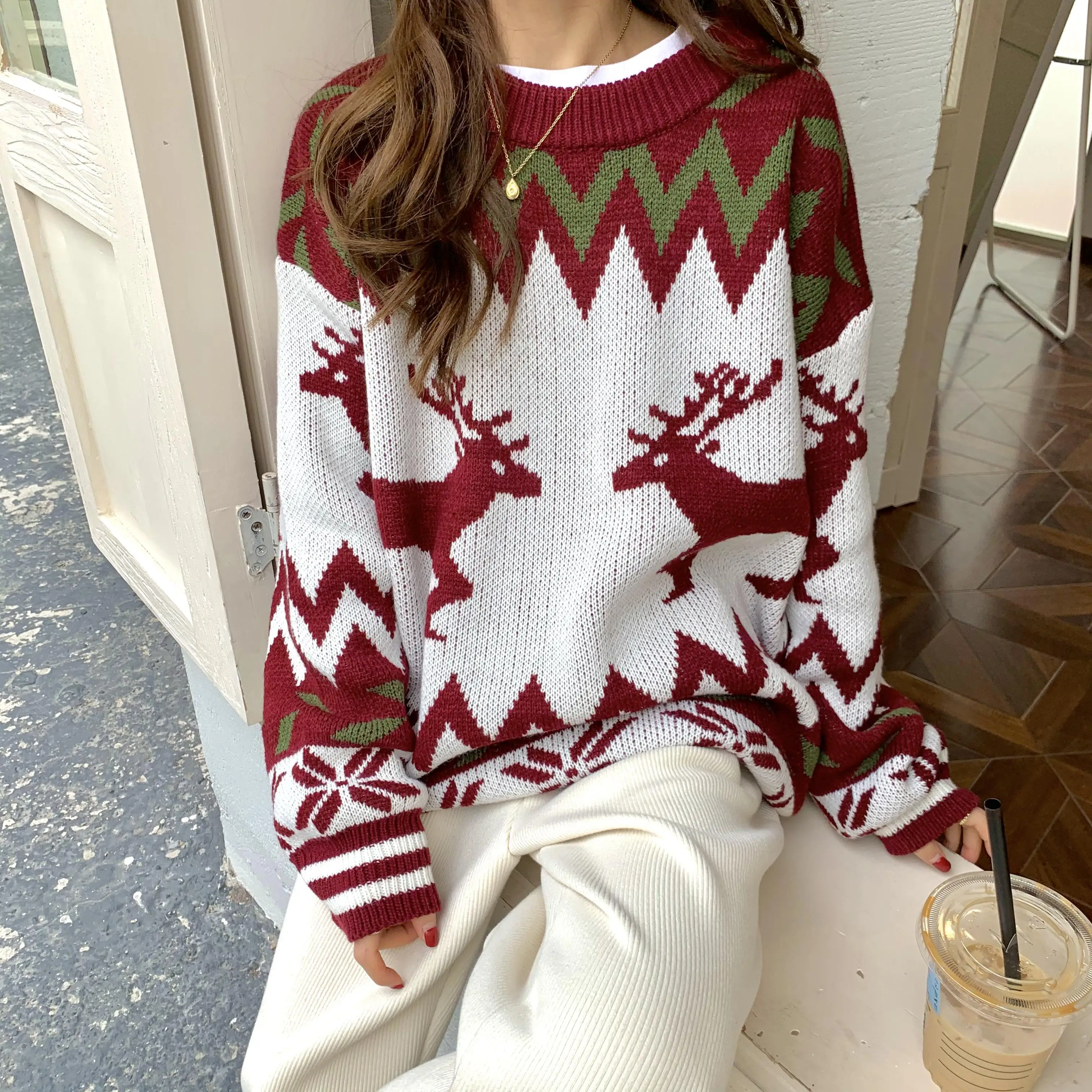 

Autumn And Winter Women'S Wear Fashion Sweet Korean All-match loose Version Crew Neck Sweater Easy Fawn Print Versatile