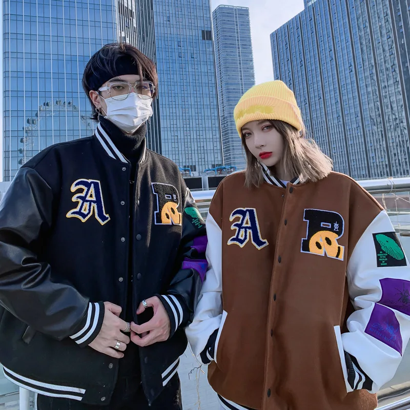 

Hip Hop Jacket Men Baseball Coats Bomber Furry Smiley Patchwork Color Block Jacket Womens Harajuku Casual Streetwear Men Cotton