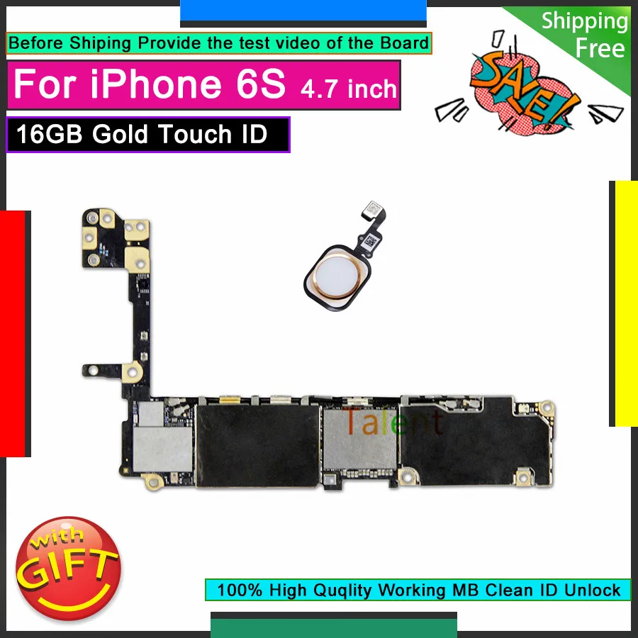 

Для IPhone 6S материнская плата 16 Гб Gold Touch ID Кнопка Домой разблокированная оригинальная материнская плата Хорошая рабочая логическая плата про...