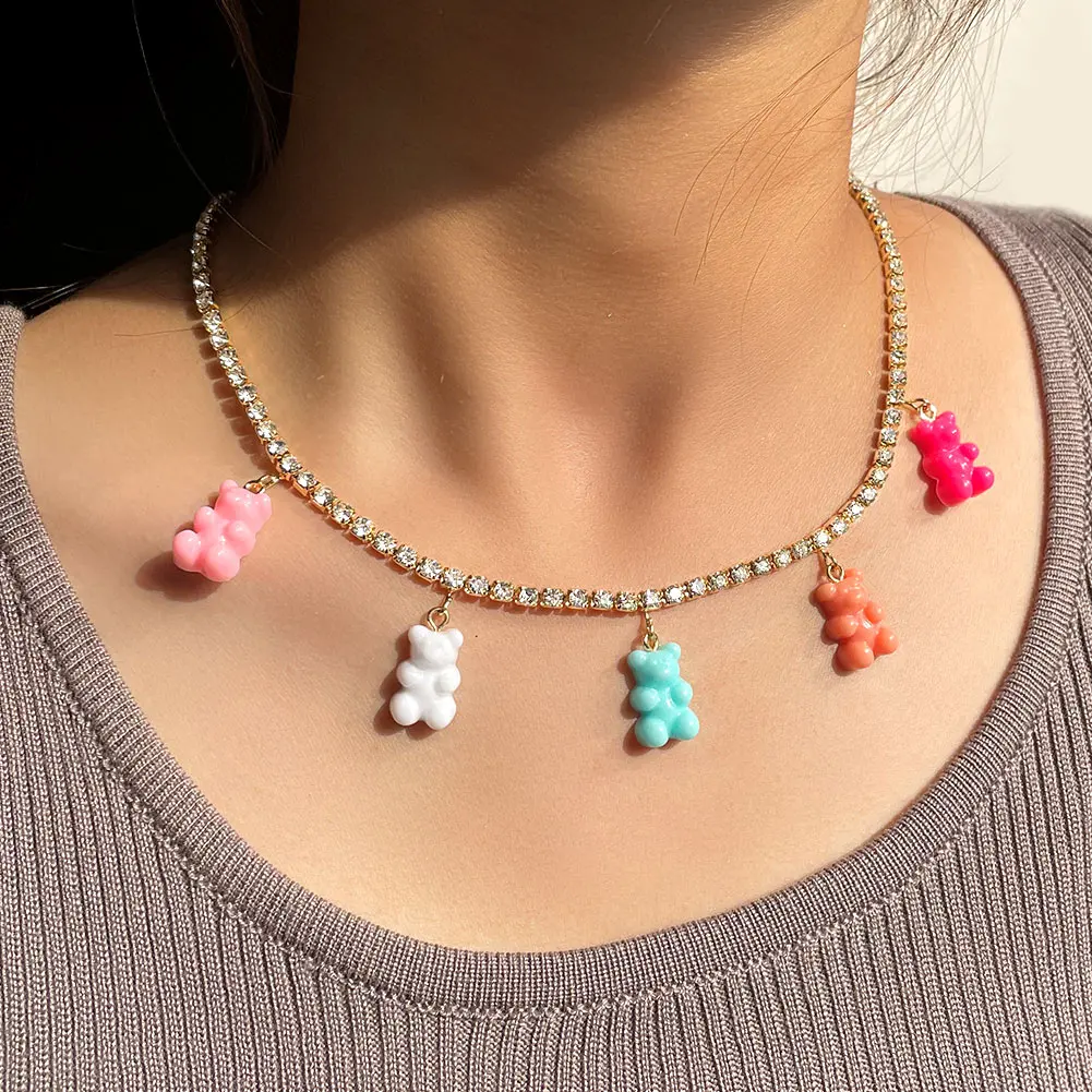 New Rainbow Color Resin Jelly Gummy Bear Charm Necklaces For Women Shine Crystal Tennis Choker Necklace Christmas Gifts Jewelry |
