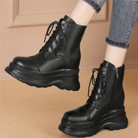 punk creepers women lace up genuine leather wedges high heel ankle boots female high top round toe fashion sneakers casual shoes