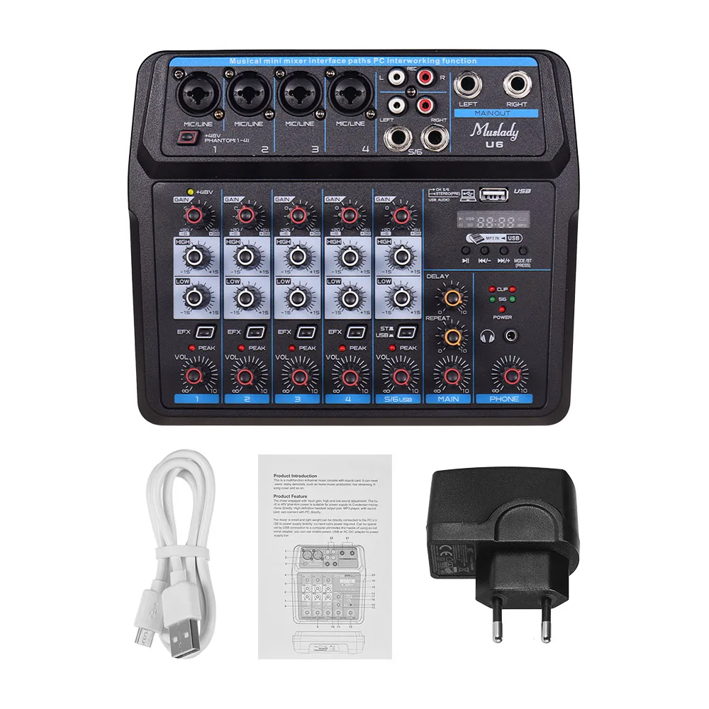 

Компактный миксер Muslady U6, 6 каналов, аудиомиксеры, BT USB микшерная консоль со звуковой картой, встроенное фантомное питание 48 В, вилка EU/EU