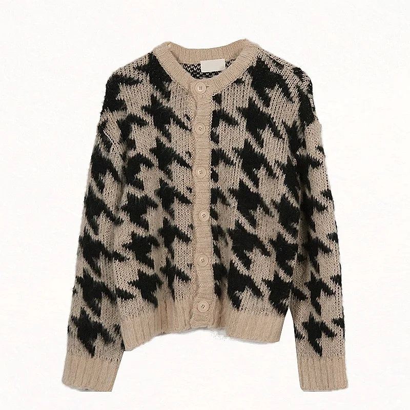 

Autumn winter Warm cardigans womens 2020 new knitted out wear coat Houndstooth V neck sweater loose knit cardigan jacket women
