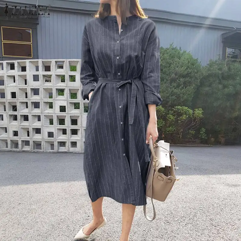 

Элегантный винтажный кафтан ZANZEA на пуговицах с круглым вырезом, Женский Повседневный Сарафан в полоску с длинным рукавом, праздничные плат...