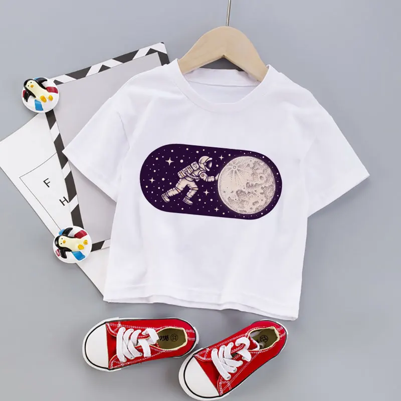 

White Printed T-shirt Girl Clothes Sci-fi Space Boy Clothes Astronaut Casual White Kids T-shirt Round Neck Boy Tshirt Summer New