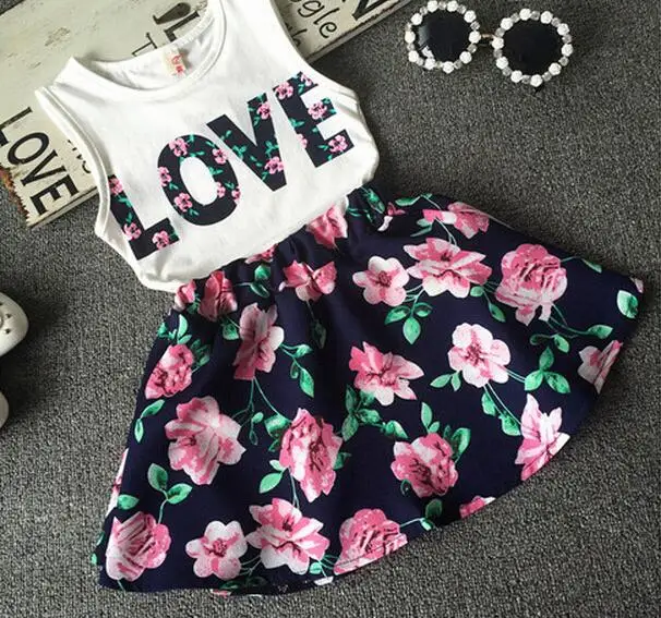 Летние комплекты одежды для девочек с принтом любовь юбки без рукавов и