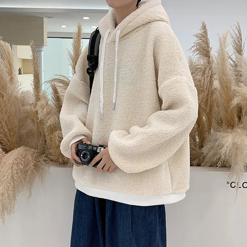 

2020 Winter Men's Loose Streetwear Coats Lamb Thickening Plush Hoodies Cotton Clothes Pullover Casual In Warm Sweatshirts M-2XL