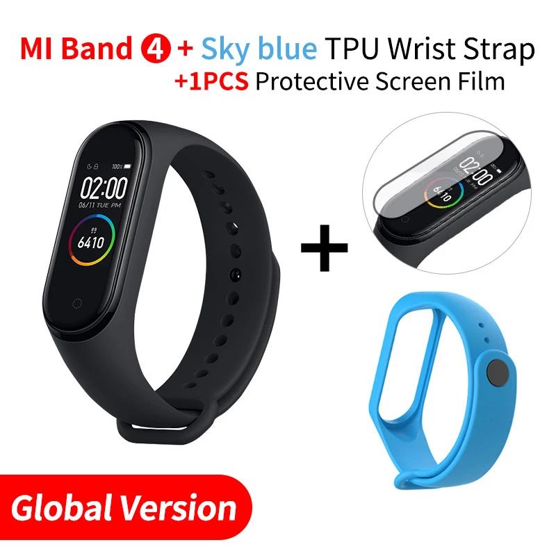 EN Add Skyblue Strap Xiaomi Mi браслет, 4 браслета, монитор сердечного ритма, фитнес-трекер, полноцветный AMOLED сенсорный дисплей, Bluetooth 5,0, водонепроницаемый - Цвет: EN Add Skyblue Strap