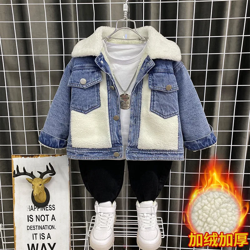 

Boys Baby's Kids Fleece Jackets Coats Outwear 2021 New Jean Thicken Warm Plus Velvet Winter Autumn Overcoat Children's Clothing