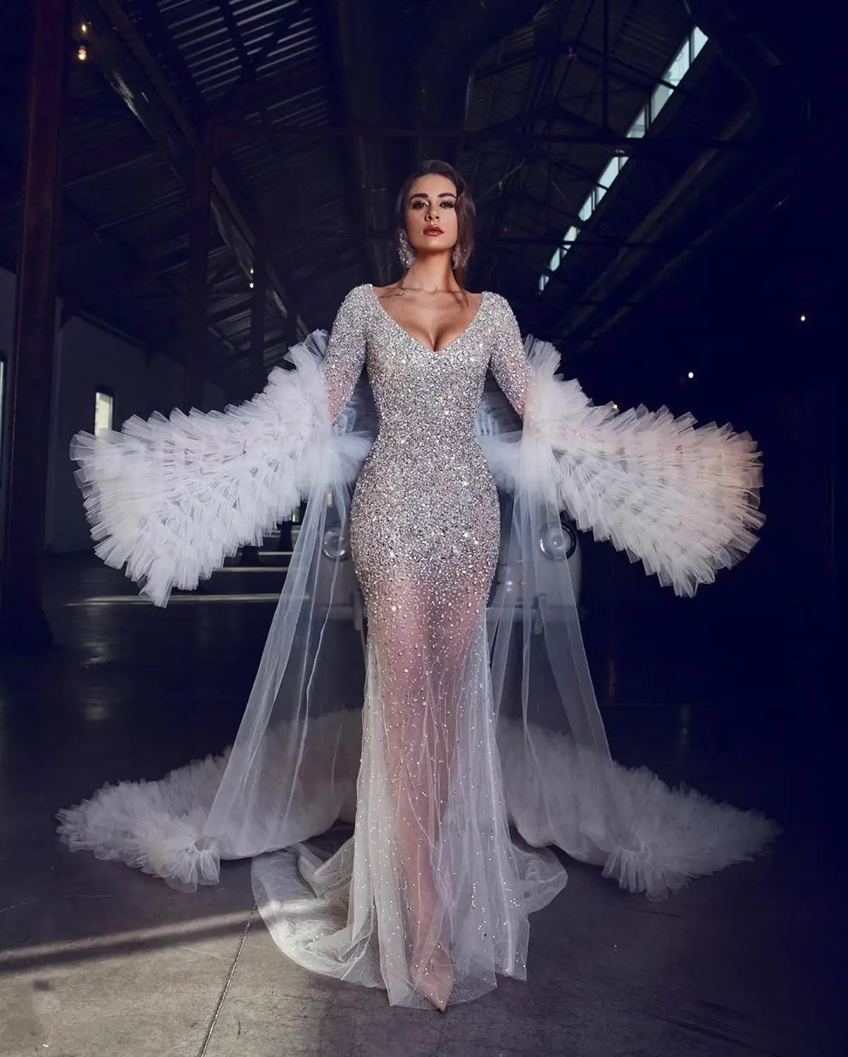 2020 Crystal Mermaid Wedding Dresses With Long Ruffle Wrap V  Neck Sexy Transparent Bridal Gowns Sequined vestido de novia