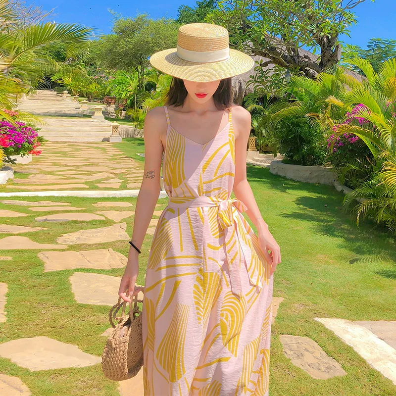 

Boho Tropical Beach Sundress Korean Runway Long Printed Chiffon Women Summer Straps Dress Elegant Casual Vacation Party Dresses