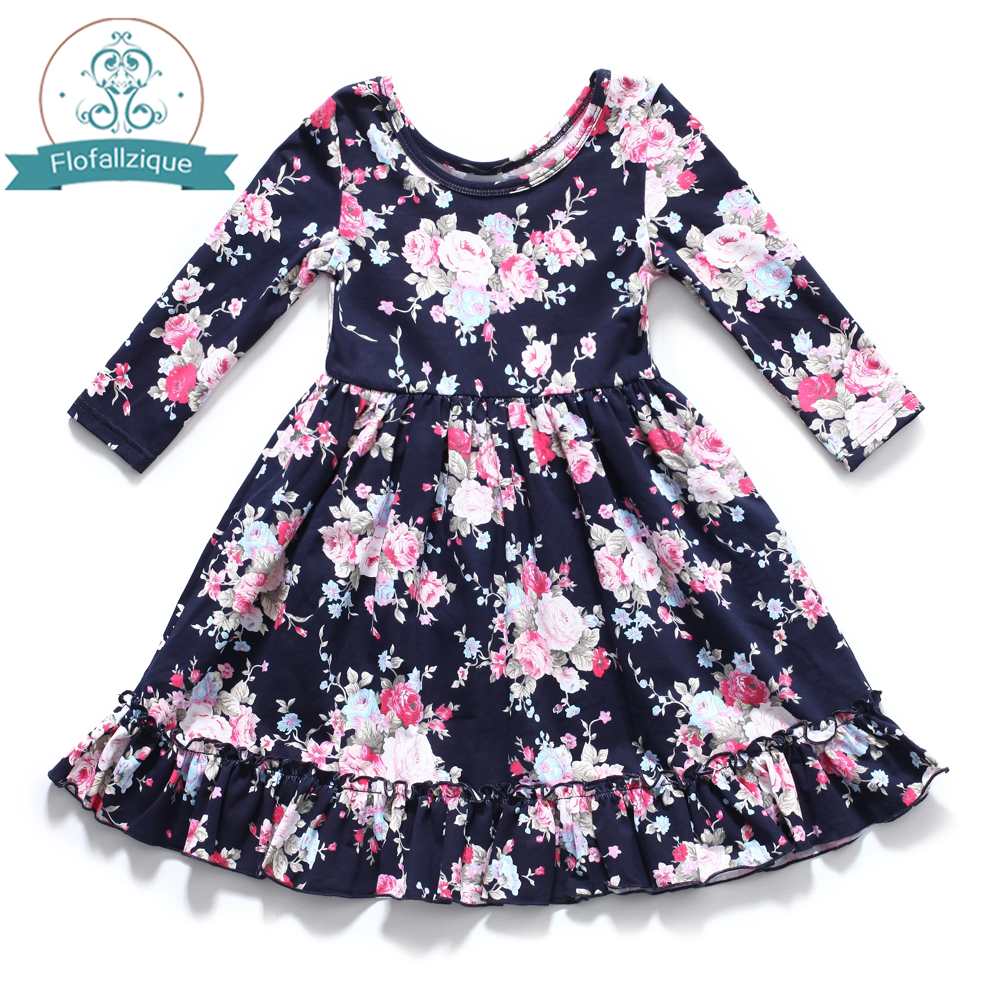 

Flofallzique Cotton Long Sleeved Round Neck Retro Floral Rose Lotus Leaf Cute Sweet Autumn Winter Baby Girl Dresses