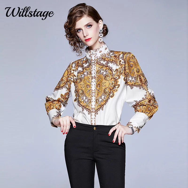 Willstage женские рубашки с золотым цветочным принтом Блузка женская новая осенняя