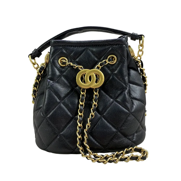 

2021new leather small fragrance rhombic chain drawstring bucket bag fashion Joker shoulder slung portable handbag