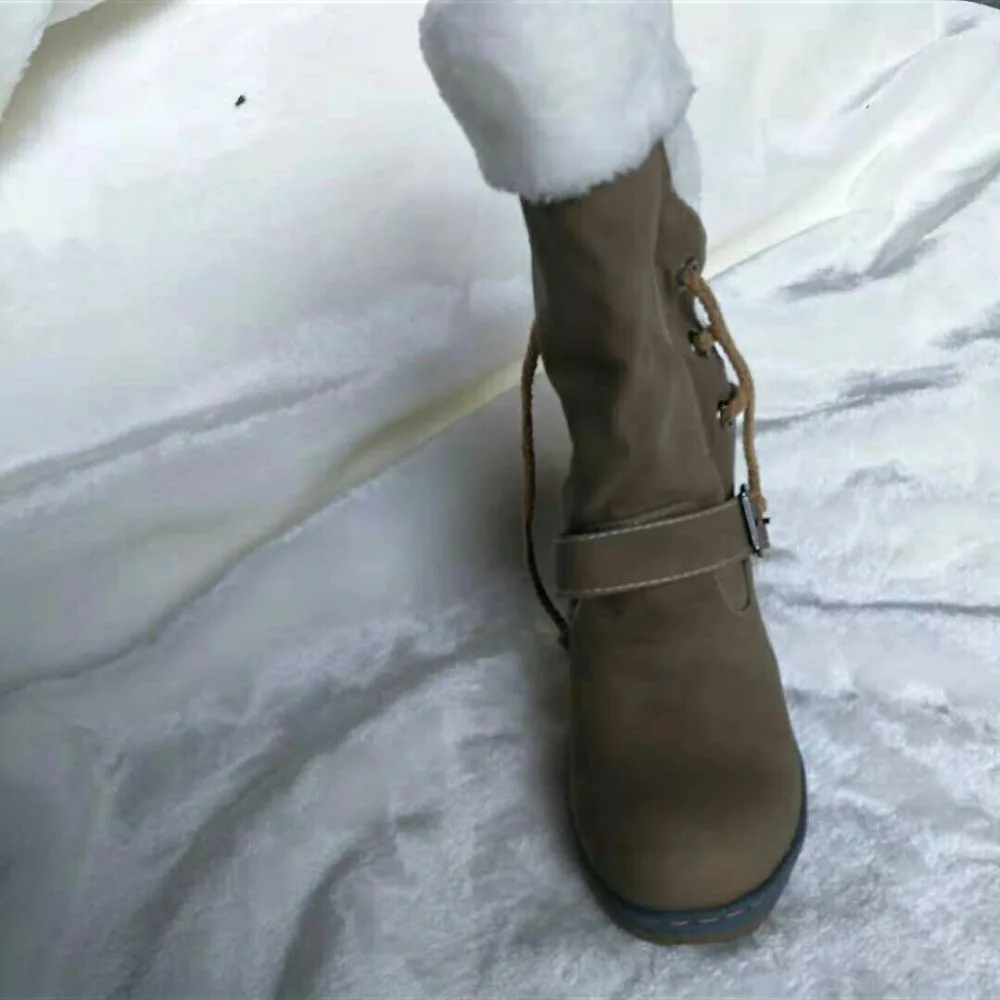 Женские зимние ботинки большой размер 43-46, модные зимние сапоги из PU искусственной кожи на шнуровке с пряжкой женские резиновые сапоги до середины икры для женщин