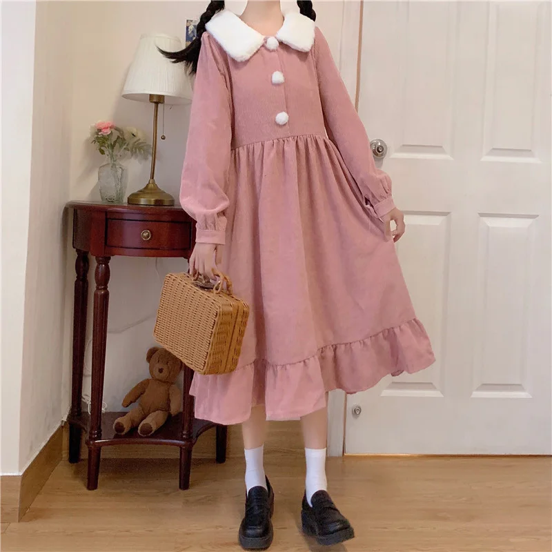 

Japanese Preppy Style Sweet Women Dress Vintage Kawaii Plush Peter Pan Collar Full Sleeve Folds Ruffles Corduroy Dress Vestidos