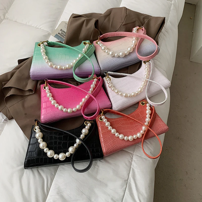

Retro Design Ladies Pearl Chain Small Shoulder Bags Fashion Candy Color Women Underarm Bag Female Evening Clutch Purse Handbags
