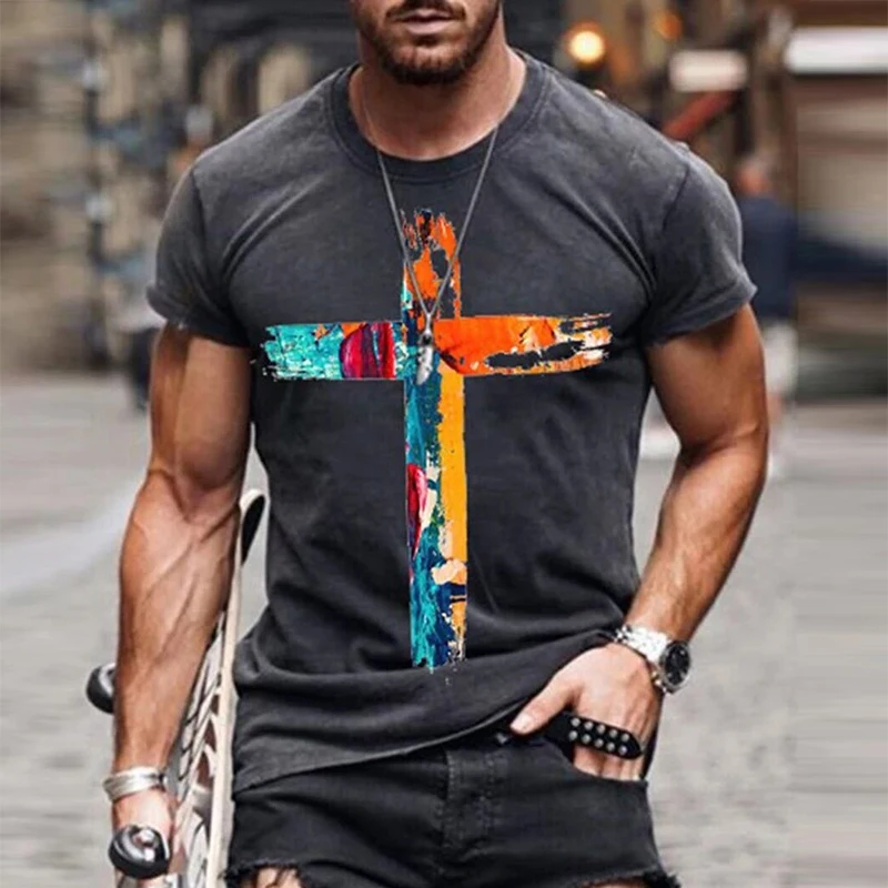 

2021 Spring New Vintage Cross Painting Tee Shirts Men's Fashion Casual Short Sleeve Tops Summer O-Neck Loose Male Streetwears