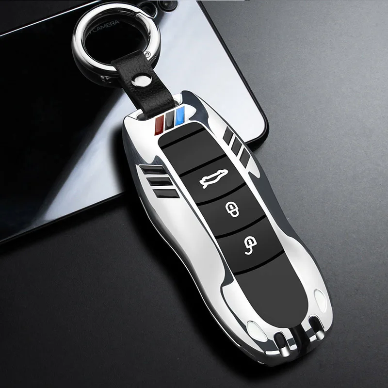 silver ring set Чехол для ключей автомобиля из цинкового сплава, чехол-брелок для Porsche Boxster Cayman 911, Panamera Cayenne Macan, подарок для мужчин с цепочкой для ключей - Название цвета: silver ring set