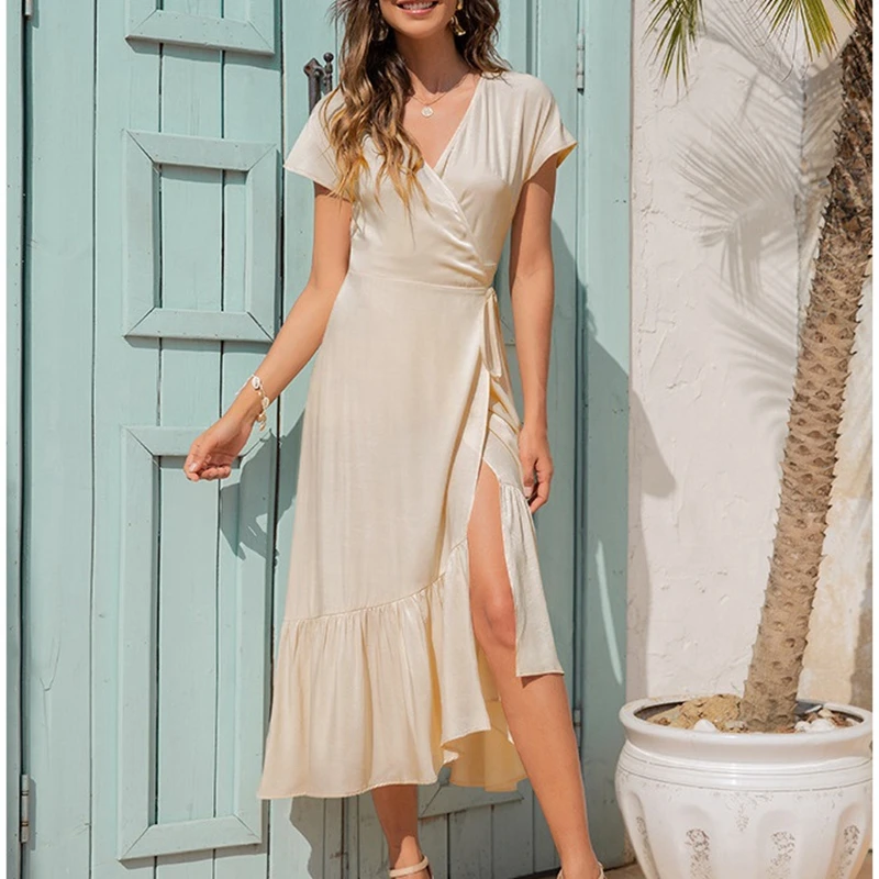 

Women's Casual Maxi Dress V Neck Solid Color Ladies Wrap Short Sleeve Split Irregular Beach Holiday Dress