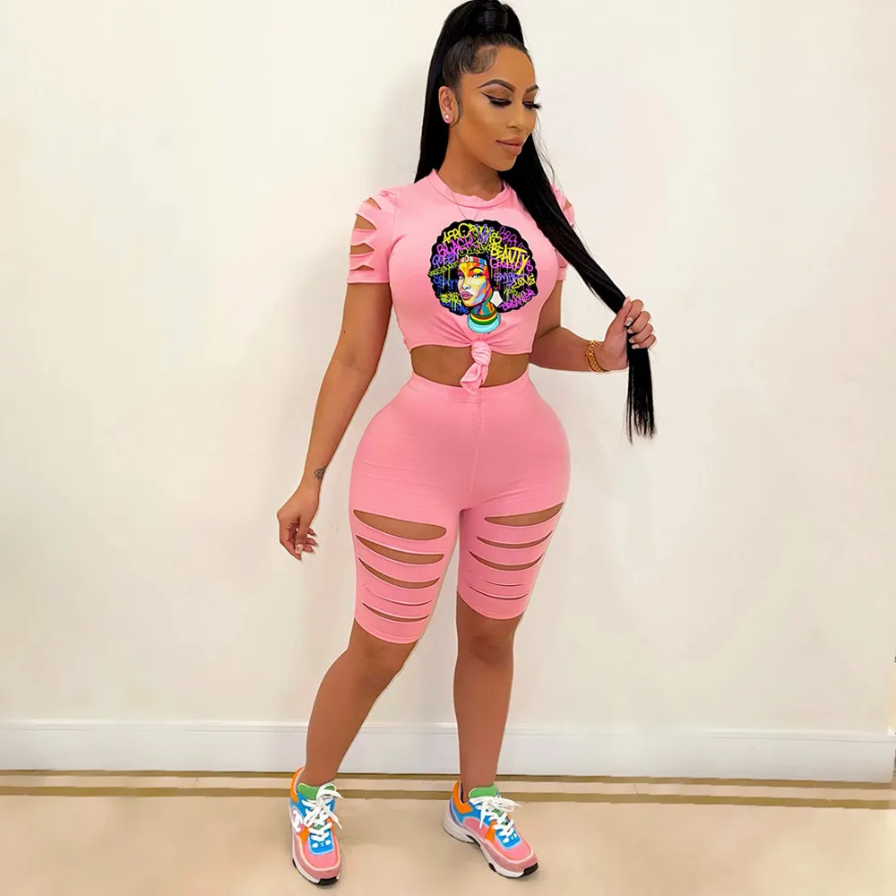 

Character Letter Print Fitness Matching Women Two Piece Set Short Sleeve Crop Top and Hollow Out Biker Shorts Co-ord Outfits
