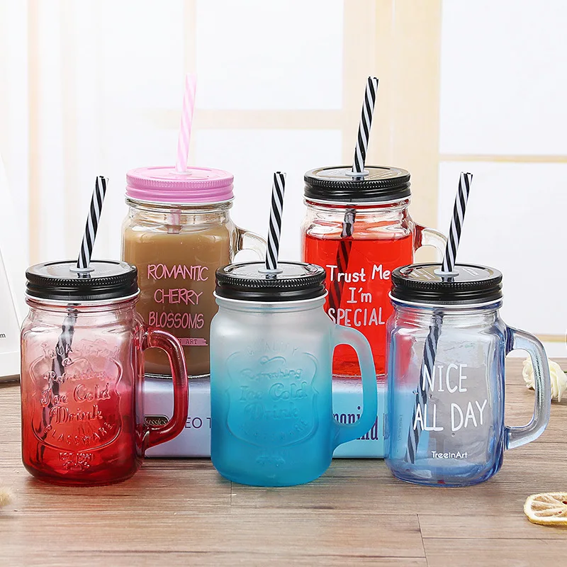 

Creative Gradient Color Glass Bottle Juice Drink Transparent Belt with Straw Cock Cup Handle Cup Mason Cup Glass Water Bottle