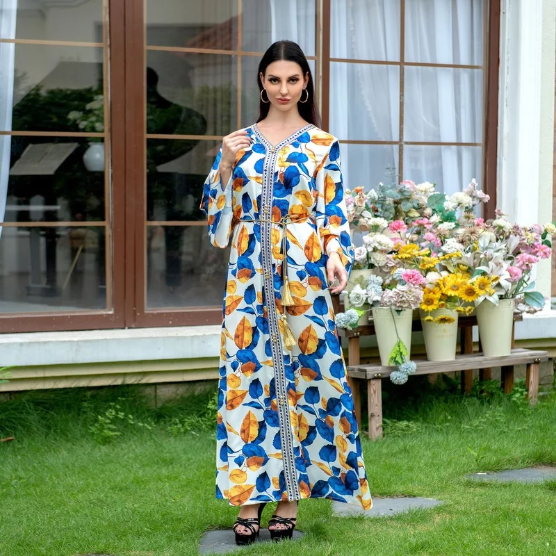 Autumn Muslim Women Long Sleeve V-neck Printing Polyester Long Dress Muslim Dress Maxi Dresses for Women