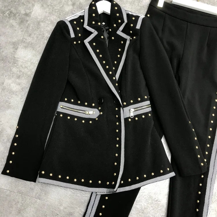 Брючные костюмы женские наборы черный блейзер длинный рукав Модный бисер 2 шт