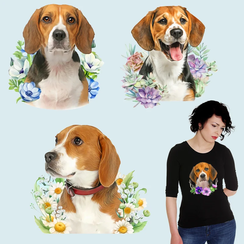 Beagle Flowers pet dog Heat Transfer PVC Patch for Clothing DIY T-shirt Heat Transfer Iron on patches Ironing stickers