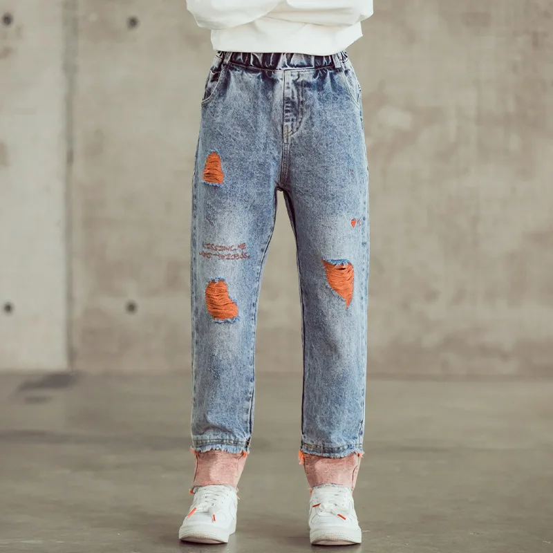 

Teenage Children's Jeans Autumn Casual Jeans for Girls Pants Trousers School Straight-leg Pants Kids Jeans Age 10 12 13 14 Years