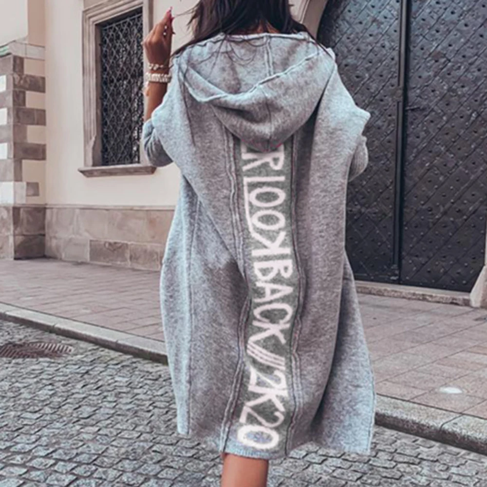 Women Winter Knitted Sweater Cardigan 2021 Open Stitch Hooded Letters Loose Sweaters Autumn Fashion Sweaters Woman Pocket Jacket