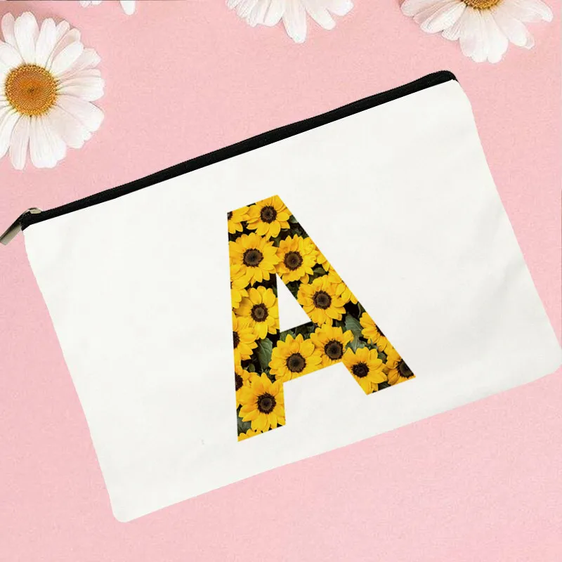 

Women Sunflowers Letter A Printed Make up bag Fashion Women Cosmetics Organizer Bag for Travel Colorful Storage Bag for Lady Bag
