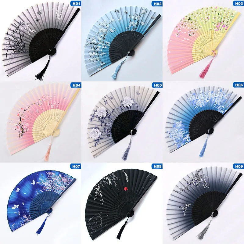 

Chinese Japanese Folding Fan Wooden Shank Classical Dance Fan High Quality Tassel Elegent Female Fan