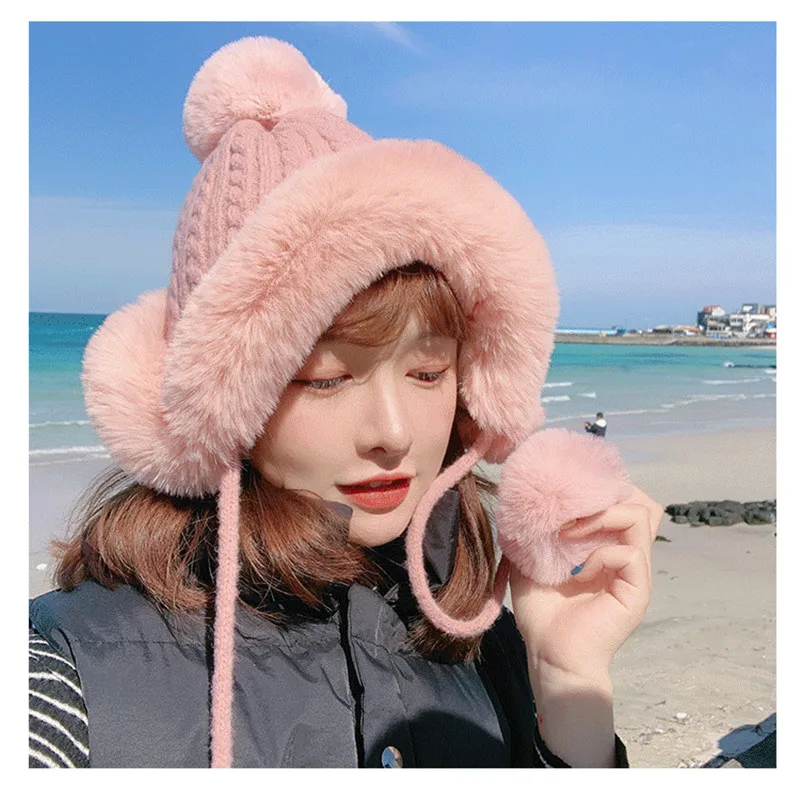 

Winter Bomber Hats Women Russian Ushanka Beanies with Fur Pompom Chunky Infinity Knit Trapper Hat Snow Ski Warm Earflap Caps