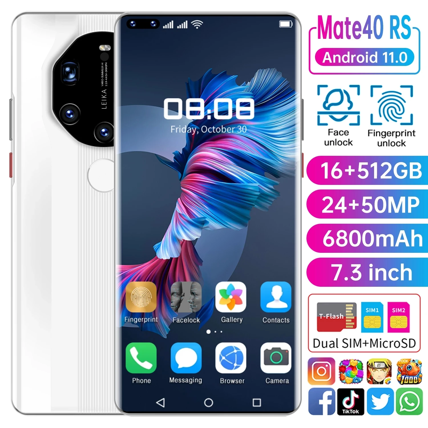 

Mate40 RS-teléfono inteligente desbloqueado, versión Global, Pantalla Completa de 7,3 pulgadas, 6800mAh, 10 núcleos, 16 + 512G,