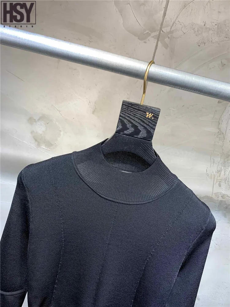 【HSY】2019 Осень Зима Новый женский длинный рукав круглый вырез черный сексуальный