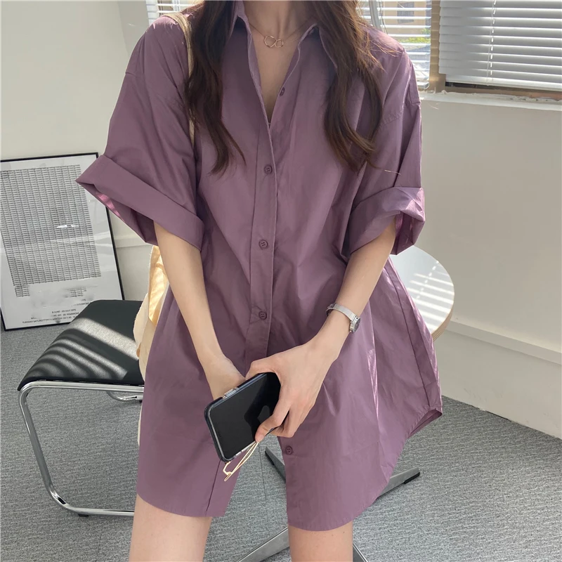 Женская Однотонная рубашка оверсайз Повседневная Корейская Короткая Длинная