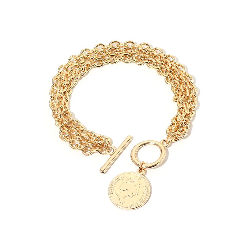 

Hip Hop Multi Layered Chains Bracelet For Women Punk Queen Head Portrait Coin round Toggle Bracelet Bangle Fashion Charm Jewelry