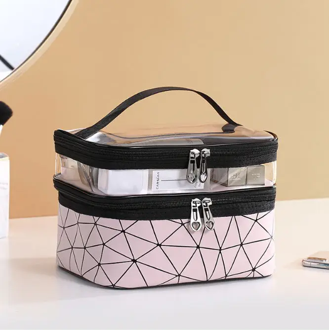 Pink Женский двойной слой косметики сумка PU макияж Органайзер сумки путешествия водонепроницаемый туалетный мешок для хранения косметичка Чехол Коробка - Цвет: Pink
