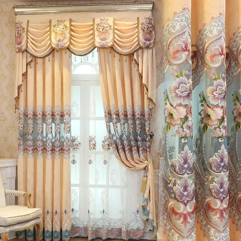 

European Style Curtains for Living Dining Room Bedroom Chenille Embroidered Curtain Tulle Finished Product Customization Valance