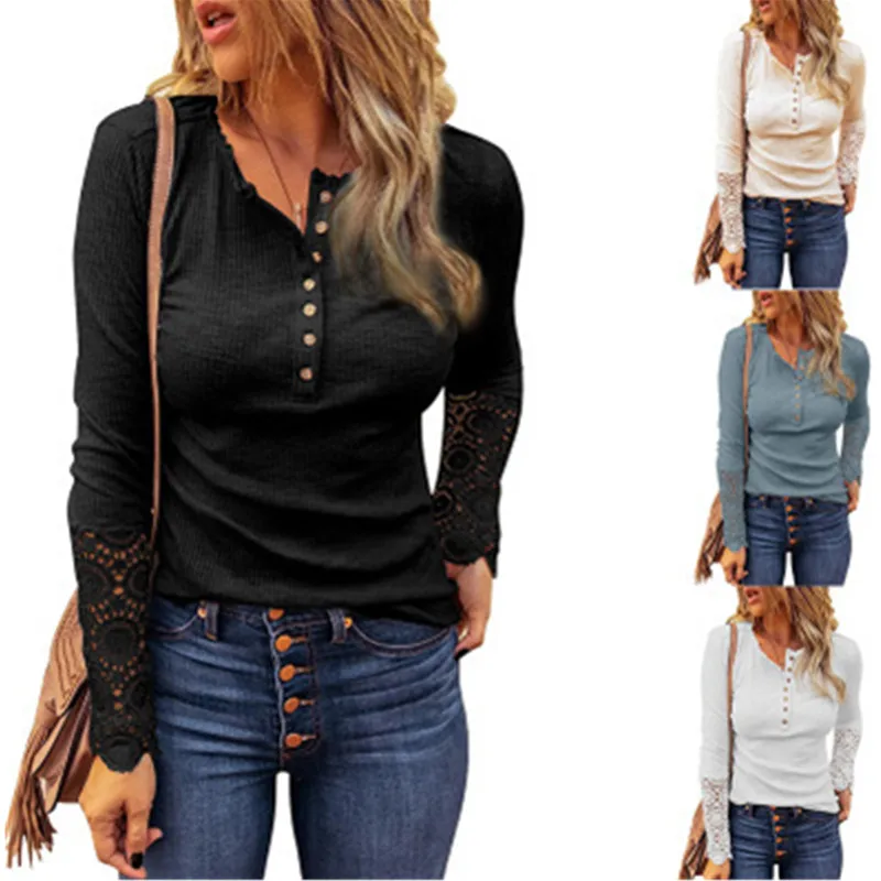 

Осенне-зимние Новые Топы OLOMLB, модная повседневная однотонная женская футболка с длинным рукавом и пуговицами, кружевная облегающая женская...